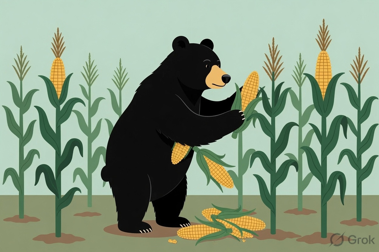 A bear picking corn, dropping one ear each time it reaches for the next