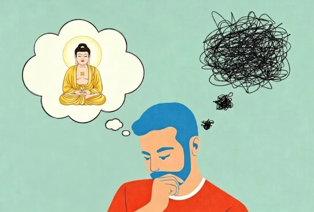 A person deep in thought, one thought a calm image of the Buddha, the other a tangled scribble